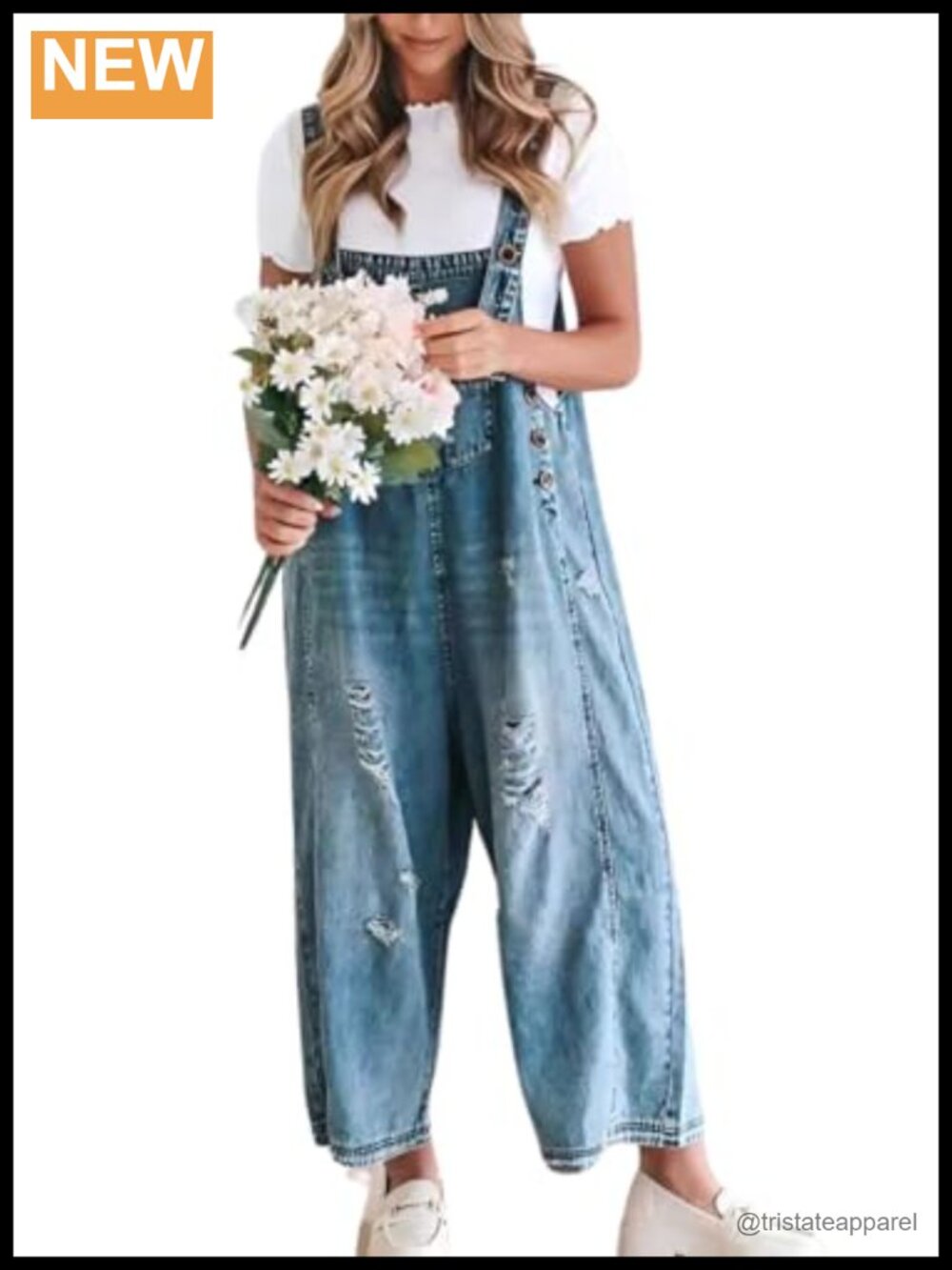 Women Loose Adjustable Strap Denim Bib Overall Jeans Distressed Wide Leg Baggy